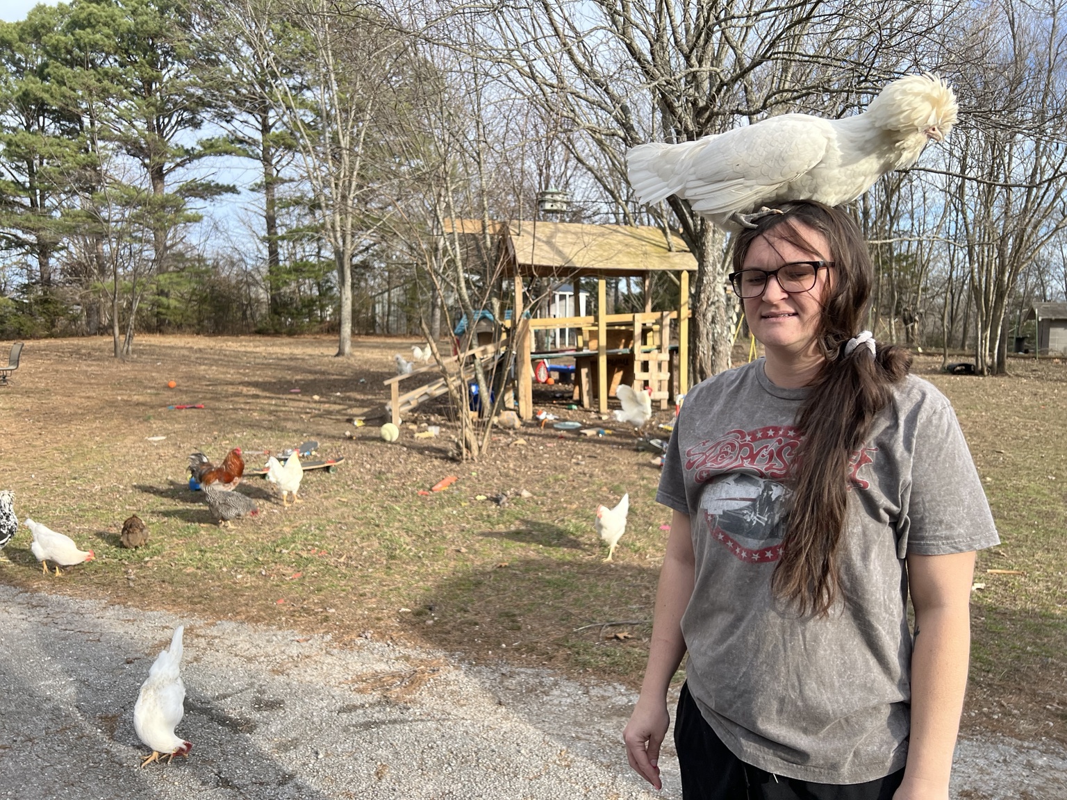 Claire with a white crested chicken perched on her head and a flock in the yard